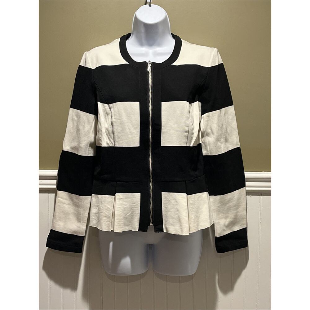 INC Striped Ruffle Zip Jacket Top – Black White Women’s Medium